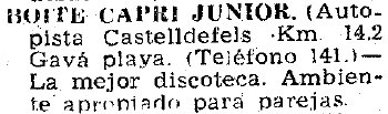 Breve anuncio de la Boite Junior del restaurante-balneario Capri de Gav Mar publicado en el diario La Vanguardia el 13 de Marzo de 1971